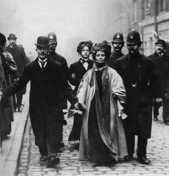 Emmeline Pankhurst arrested by two police officers