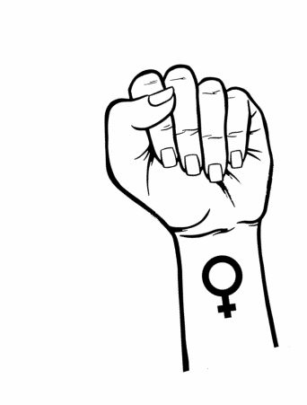 illustration of a raised fist bearing the feminist symbol